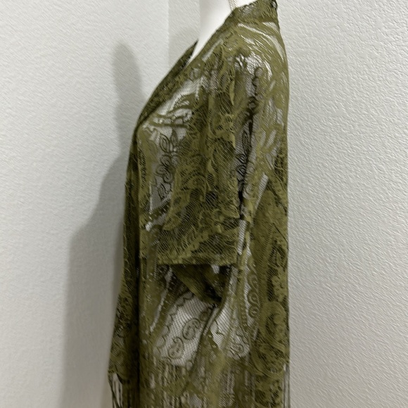 Emerette Lacey Fringe Boho kimono cardigan shawl army green Small - Picture 3 of 5